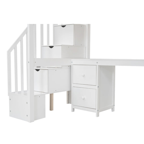 English Elm Twin Loft Bed with Built-In Desk and Double Storage Drawers, Pine & MDF Frame for Small Rooms White GX000382AAK