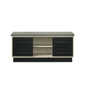 English Elm 38.5"w Oak Entryway Shoe Cabinet Sliding Doors Upholstered Bench Seat Storage B016P416189