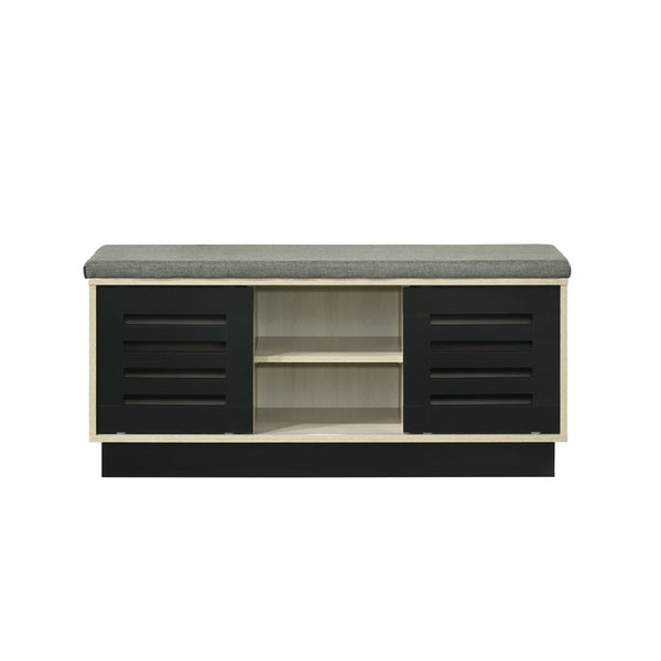 English Elm 38.5"w Oak Entryway Shoe Cabinet Sliding Doors Upholstered Bench Seat Storage B016P416189