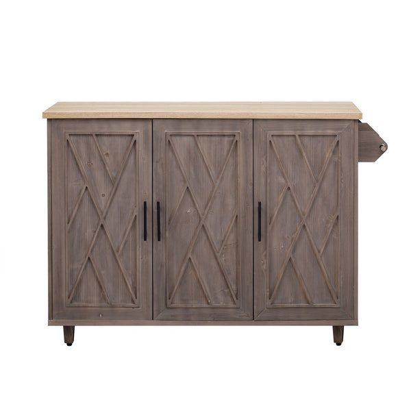 English Elm K&K Farmhouse Kitchen Island with Geometric Twill Doors, ASH Bark Top, Drop Leaf & Lockable Wheels Brown N707P221444Z