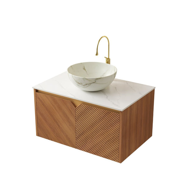 English Elm Muri Floating Bathroom Vanity Plywood Cabinet Sintered Stone Top Oak Drawer W2615S00578