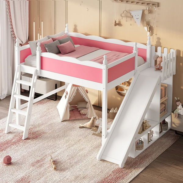 English Elm Full Loft Bed With Detachable Slide, Storage Shelves, And Cabinet In Pink & White – Fun & Functional! W1580S00245