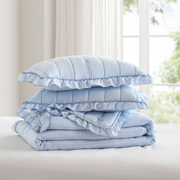 English Elm 3-piece Reversible Microfiber Quilt Set Bow Embroidery Ruffled Trim Romantic Bedroom Blue B035P482883