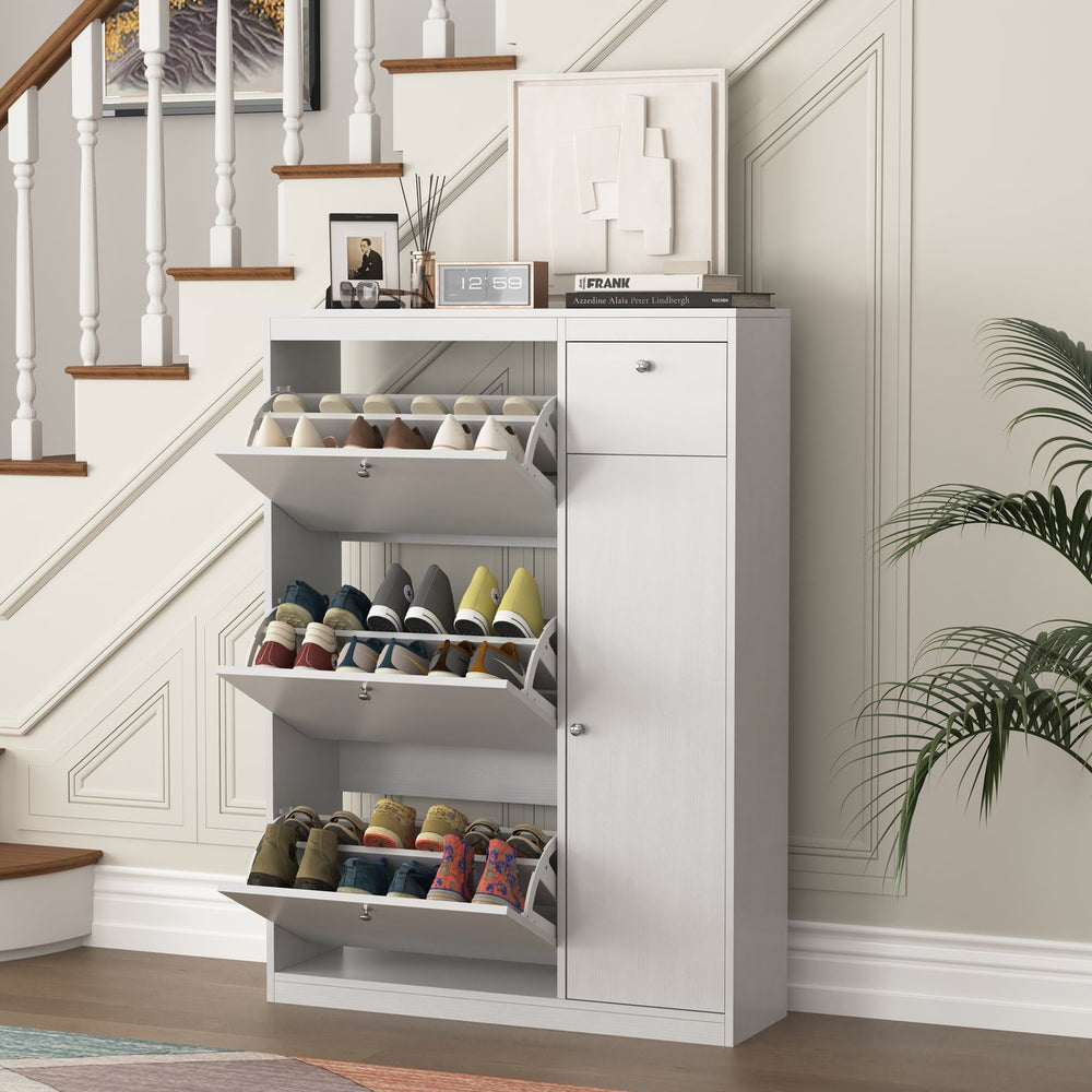 English Elm Shoe Slim White Cabinet with 3 Flip Drawers & Adjustable Shelves — Space-Saving Entryway Organizer W409P153987