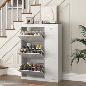 English Elm Shoe Slim White Cabinet with 3 Flip Drawers & Adjustable Shelves — Space-Saving Entryway Organizer W409P153987