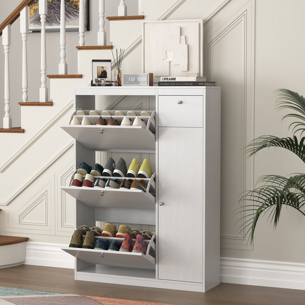 English Elm Shoe Slim White Cabinet with 3 Flip Drawers & Adjustable Shelves — Space-Saving Entryway Organizer W409P153987