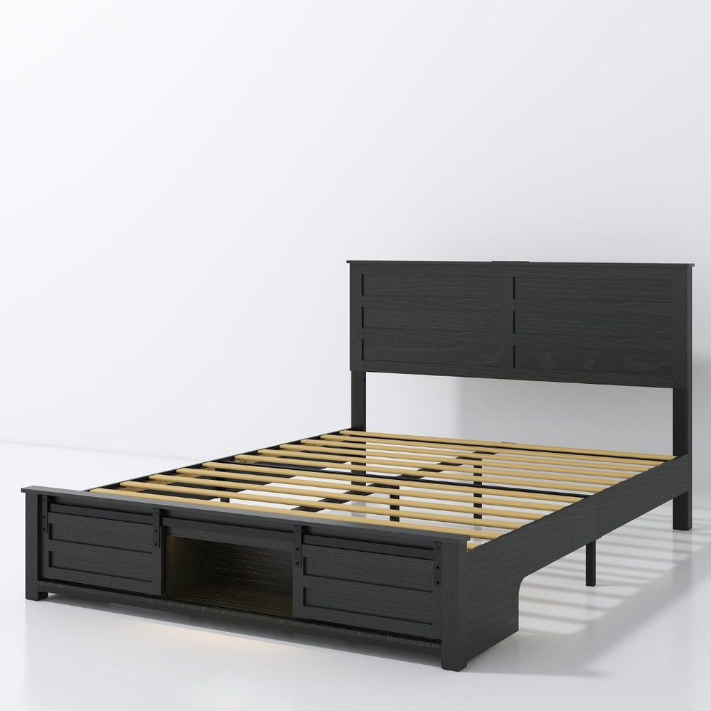 English Elm Queen Platform Bed Upholstered Headboard Led Lighting Charging Station Pet Area W636P254534