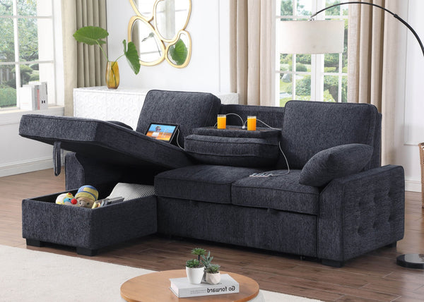 English Elm Marcello Chenille Sleeper Sectional with Reversible Chaise Storage and Charging Console Charcoal B2749S00162