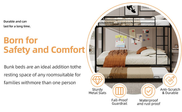 English Elm Durable Square Tube Iron Bunk Bed With Trundle - Modern Minimalist Design For Kids & Guest Rooms W1935P360860