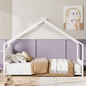 English Elm Twin House Shaped Metal Bed Frame with Led Lights and Wood Slats for Kids W1820P356049