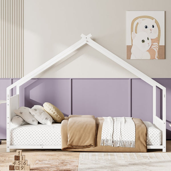 English Elm Twin House Shaped Metal Bed Frame with Led Lights and Wood Slats for Kids W1820P356049