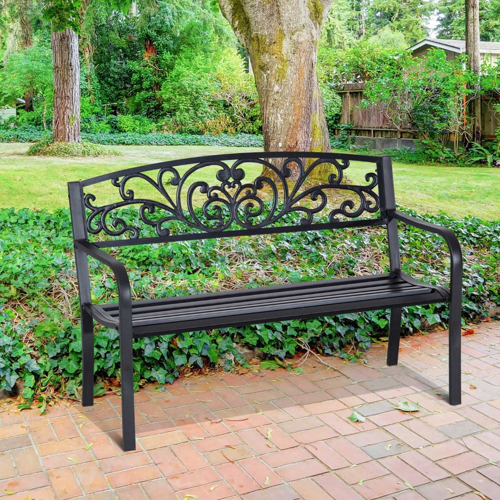 English Elm Outsunny 50" Elegant Metal Garden Bench With Floral-Scroll Backrest For Patios, Yards & Parks W2225P217571-GIGA