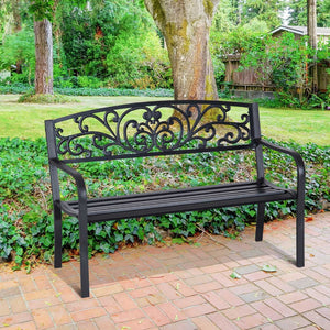 English Elm Outsunny 50" Elegant Metal Garden Bench With Floral-Scroll Backrest For Patios, Yards & Parks W2225P217571-GIGA