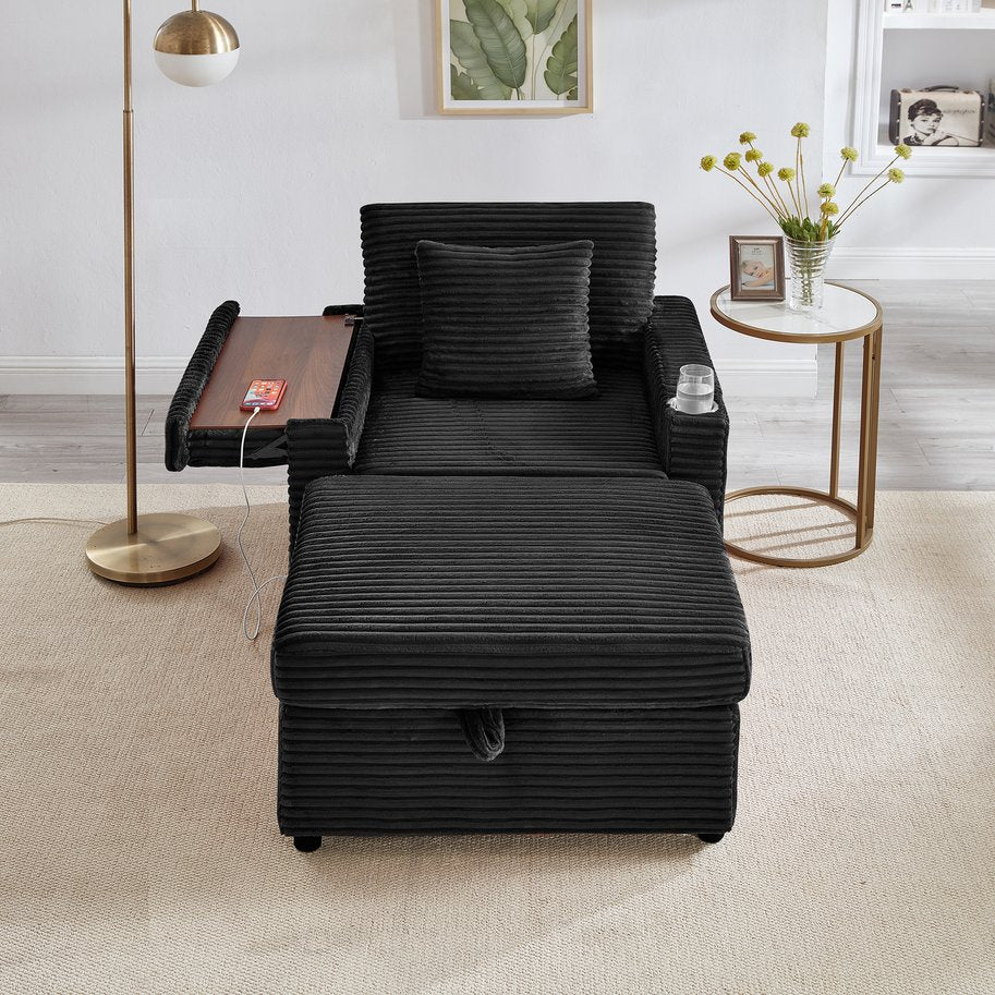 English Elm Comfortable Fluffy Corduroy Lazy Sofa with Storage Ottoman, Convertible Arm Table and USB Charging Black W3705P349927