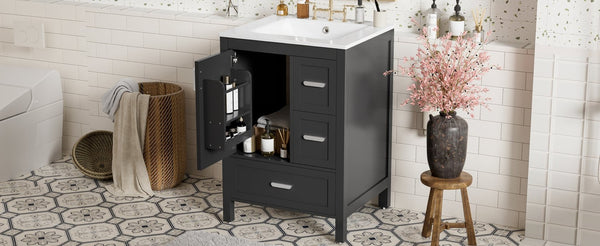 English Elm Modern 24 Inch Bathroom Vanity Solid Wood Cabinet with Ceramic Sink and Soft Close Storage Black N729P292859B