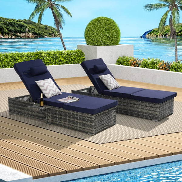 English Elm Outdoor Pe Rattan Chaise Loungers Set of 2 with Cushions Poolside Patio Resort Style Dark Blue W874P266305