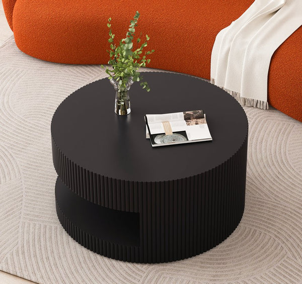 English Elm 31.5'' Round Coffee Table with Hidden Storage and Vertical Stripe Accent, Modern Durable MDF Design Black W757P206007
