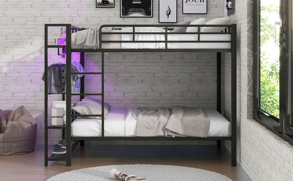 English Elm Full Size Metal Bunk Bed With Led Lighting, Storage Shelves & Hooks - Stylish Space Saver For Teens N7090000667B