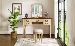 English Elm 46" Vintage Dressing Table Floral Carved Mirror 5 Drawers Stool Bedroom Vanity N704P381405K