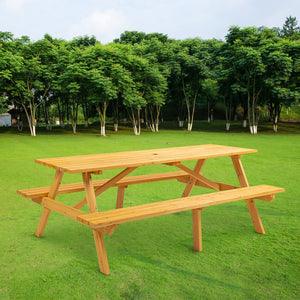 English Elm 8 Person Yellow Wooden Picnic Table with 2 Benches, Heavy-Duty Outdoor Garden Dining Table, 2" Umbrella Hole, 2220lb Capacity W1422P253376