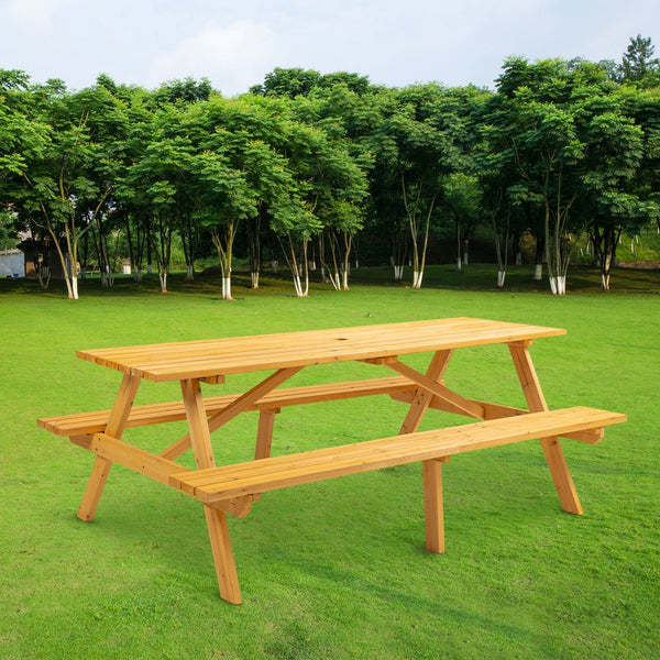 English Elm 8 Person Yellow Wooden Picnic Table with 2 Benches, Heavy-Duty Outdoor Garden Dining Table, 2" Umbrella Hole, 2220lb Capacity W1422P253376