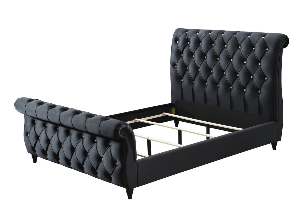 English Elm 1Pc Queen Panel Bed - Luxurious Black Upholstered Frame With Diamond-Stitched Tufting & Curved Design B2741S00546