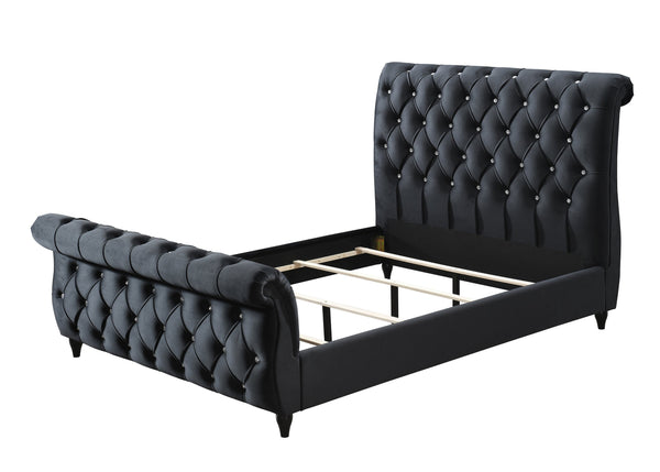 English Elm 1Pc Queen Panel Bed - Luxurious Black Upholstered Frame With Diamond-Stitched Tufting & Curved Design B2741S00546