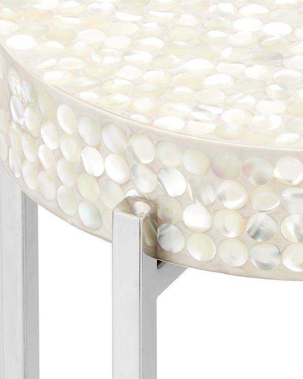 Currey & Company Gerri Dot Mother Of Pearl Drinks Table - Timeless Elegance With Polished Nickel Frame For Any Space Silver Mother Of Pearl ,Stainless Steel ,Engineered Wood 4000-0224-currey-company