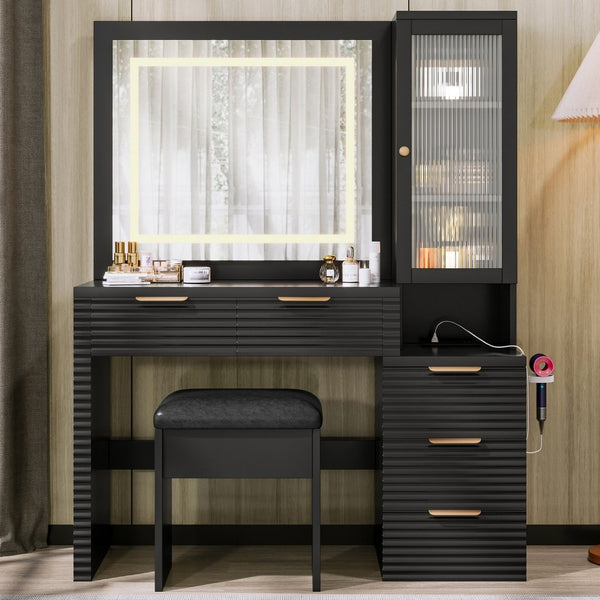 English Elm 43.5" Fluted Black Makeup Vanity with Lighted Mirror Charging Station and Storage Stool N704P340248B