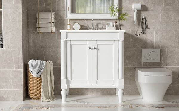 English Elm 30" French Style Bathroom Vanity with Ceramic Basin Soft Close Doors Wood Legs White N710P415327K