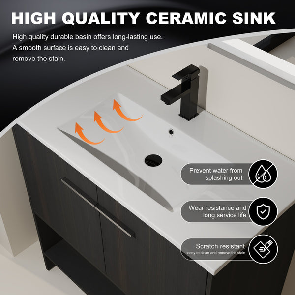 English Elm 36" Bathroom Vanity With Ceramic Sink, Soft-Close Doors, Modern Plywood Cabinet & Open Shelf Storage W1972S00020