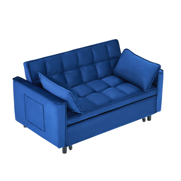 English Elm The 55-inch Blue Velvet Sofa Bed with Tufted Design, 2-Seater Convertible Couch, Durable 500lb Frame W3371P314998