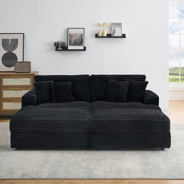 English Elm 88.58-Inch Black Corduroy Sofa With Storage Legs & 4 Pillows - Cloud-Like Comfort For Living Spaces W3356S00010