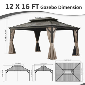 English Elm 12' X 16' Hardtop Gazebo With Enhanced Drainage, Dual-Layer Steel Roof, Privacy Curtains & Netting W1859S00142