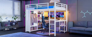 English Elm Queen Size Loft Bed Frame With Wardrobe, Desk & Storage Shelves - Modern Metal Design In White W1580S00123-GIGA