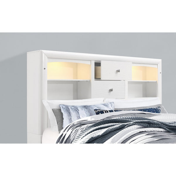 English Elm Civic King Platform Storage Bed Bookcase Headboard with Built-in Lighting White B201S00491