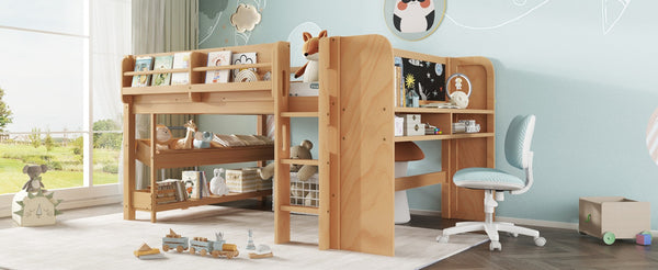 English Elm Twin Low Loft Bed Solid Pine Frame Kids Study Desk Blackboard Storage White W1580S00571