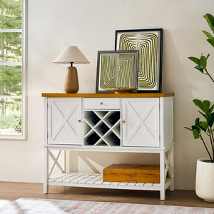 English Elm Bar cabinet Mid-Century Farmhouse Console Table with Wine Rack, Drawer, Shelf & 200lb Capacity White Oak W3417P316958