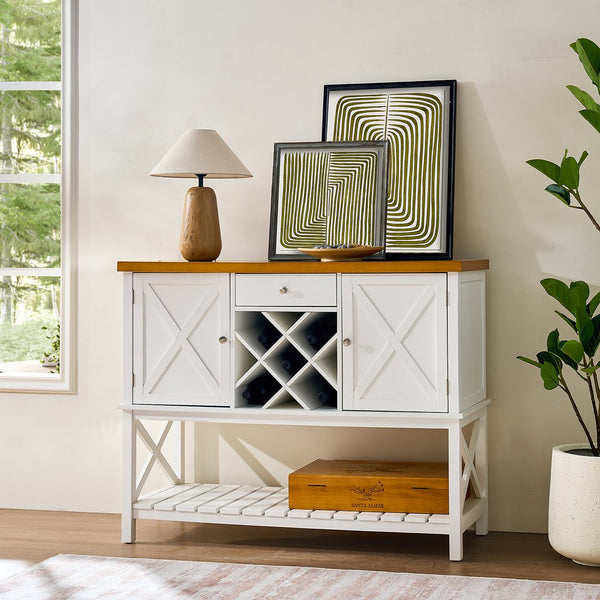 English Elm Bar cabinet Mid-Century Farmhouse Console Table with Wine Rack, Drawer, Shelf & 200lb Capacity White Oak W3417P316958