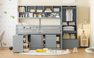 English Elm Full Size Gray Loft Bed with Rolling Desk Wardrobe Staircase and Headboard Shelving LT000852AAE