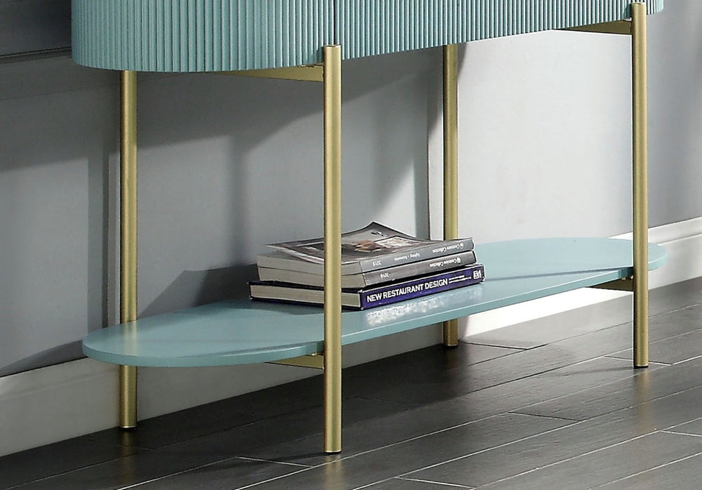 English Elm Glam Hollywood Regency Sofa Table Faux Marble Top Teal Reeded Panels Gold Frame B011P184959