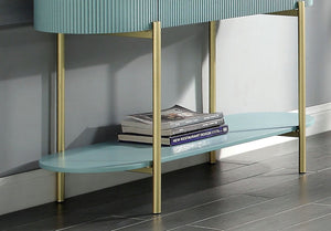 English Elm Glam Hollywood Regency Sofa Table Faux Marble Top Teal Reeded Panels Gold Frame B011P184959
