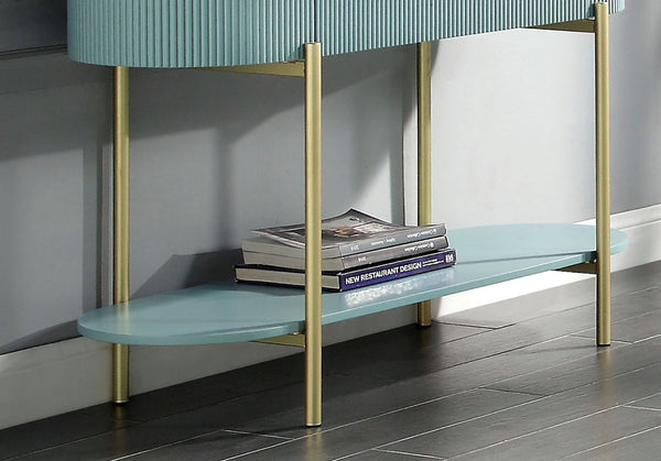 English Elm Glam Hollywood Regency Sofa Table Faux Marble Top Teal Reeded Panels Gold Frame B011P184959