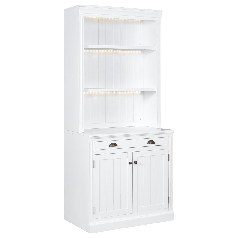 English Elm 83.4"Tall Bookcase with 3 LED Lights, Modern White Bookshelf with 2 Doors 1 Drawer & Adjustable Shelves SR000002AAK