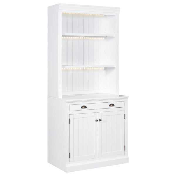 English Elm 83.4"Tall Bookcase with 3 LED Lights, Modern White Bookshelf with 2 Doors 1 Drawer & Adjustable Shelves SR000002AAK