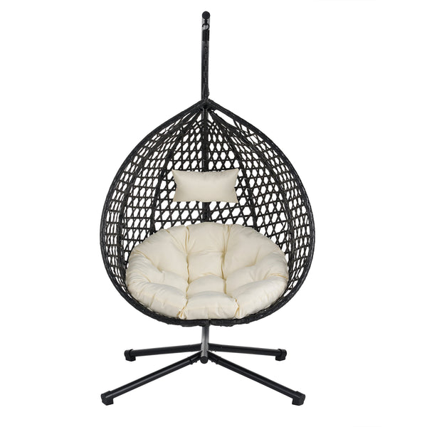 English Elm U_STYLE Sturdy Hammock Chair with HDPE Rattan Weave, Rust-Resistant Chain, Soft Removable Cushion Black+Beige N711P255131A
