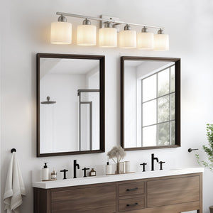 English Elm 38" 6-Light Chrome Vanity Light with Milky White Glass Shades, Dimmable Hardwired Wall Sconce for Bathroom Mirrors and Dressing Areas W2312P374853