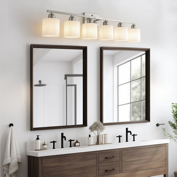 English Elm 38" 6-Light Chrome Vanity Light with Milky White Glass Shades, Dimmable Hardwired Wall Sconce for Bathroom Mirrors and Dressing Areas W2312P374853