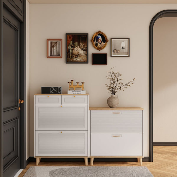 English Elm Shoes Storage Cabinet Slim Flip Door Entryway Organizer with Natural Wood Legs 16 Pairs W3166P266365
