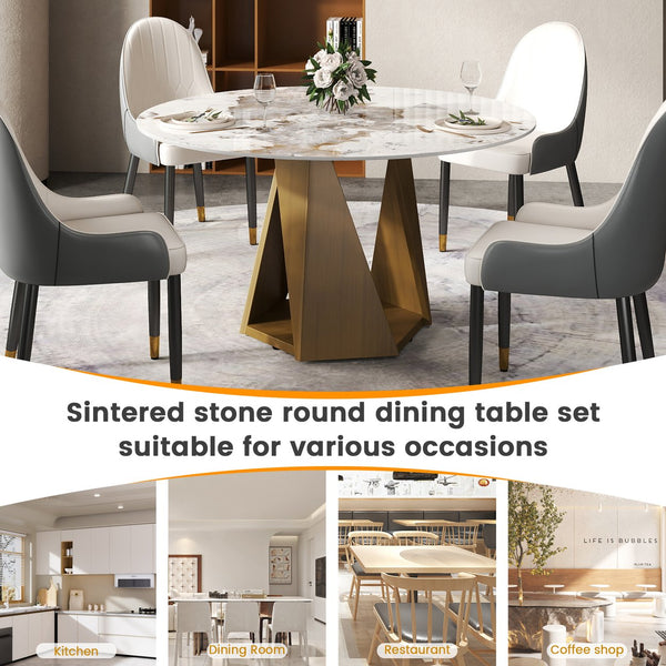 English Elm 53" Round Marble Dining Table - Elegant Sintered Stone Top With Bronze Iron Base For 6 People W1535S00469